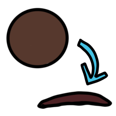 a dark brown circle, with a light blue arrow pointing to a dark brown, thick, slightly uneven line.